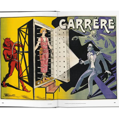 Historisches Zauberplakat von Carrère mit rotem Teufel, Frau in einer Nagelbox und einem Geist auf aufgeschlagenem Buch.