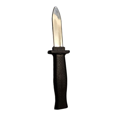 Theatermesser aus Kunststoff mit silberner, einziehbarer Klinge und schwarzem, texturiertem Griff, ca. 20 cm lang.