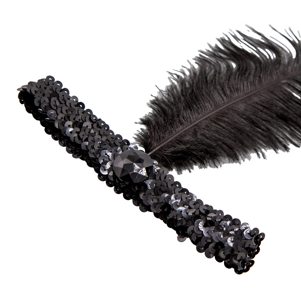 Pailletten Kopfband mit Feder schwarz