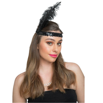 Pailletten Kopfband mit Feder schwarz