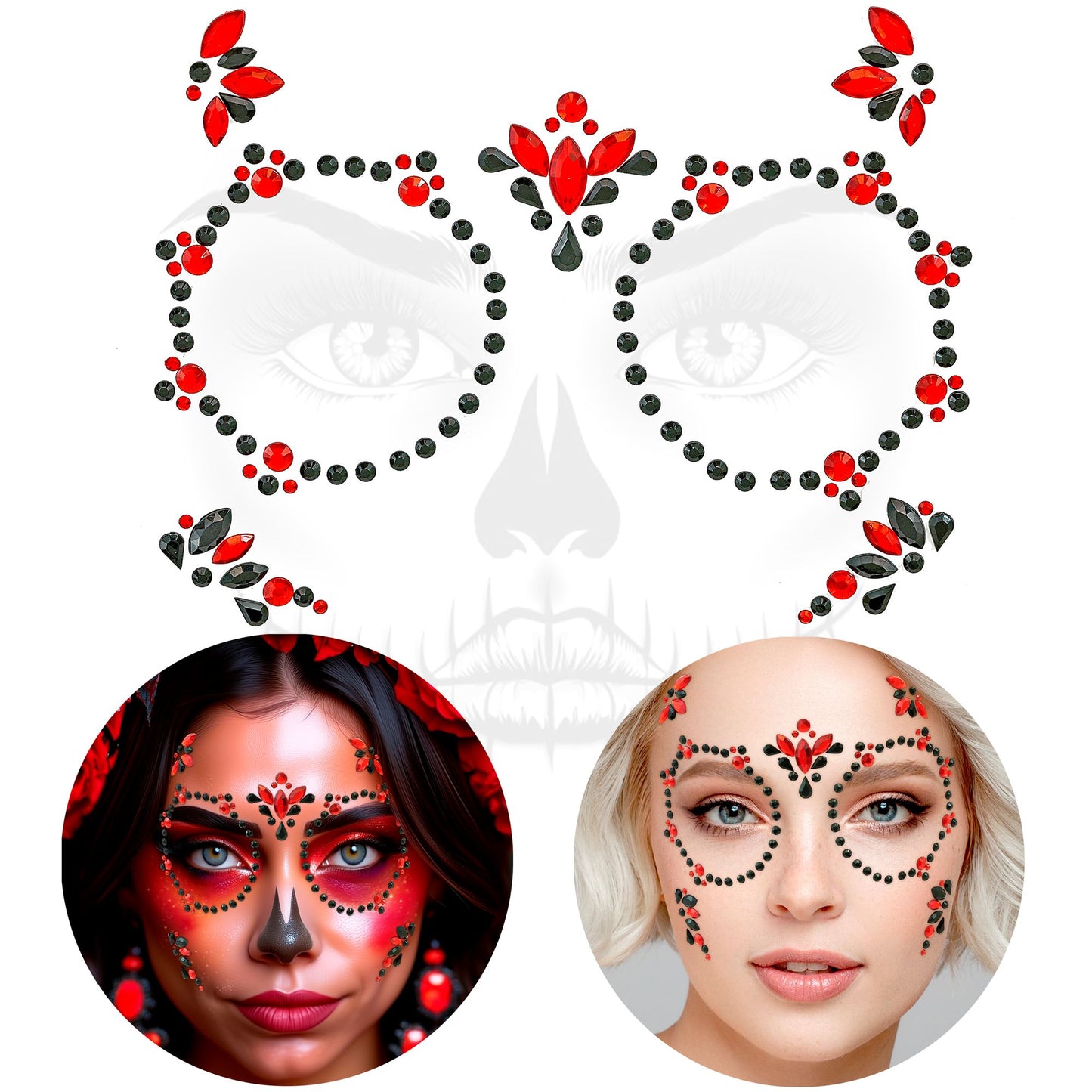 Glitzersteine fürs Gesicht |  Totenkopf Rot