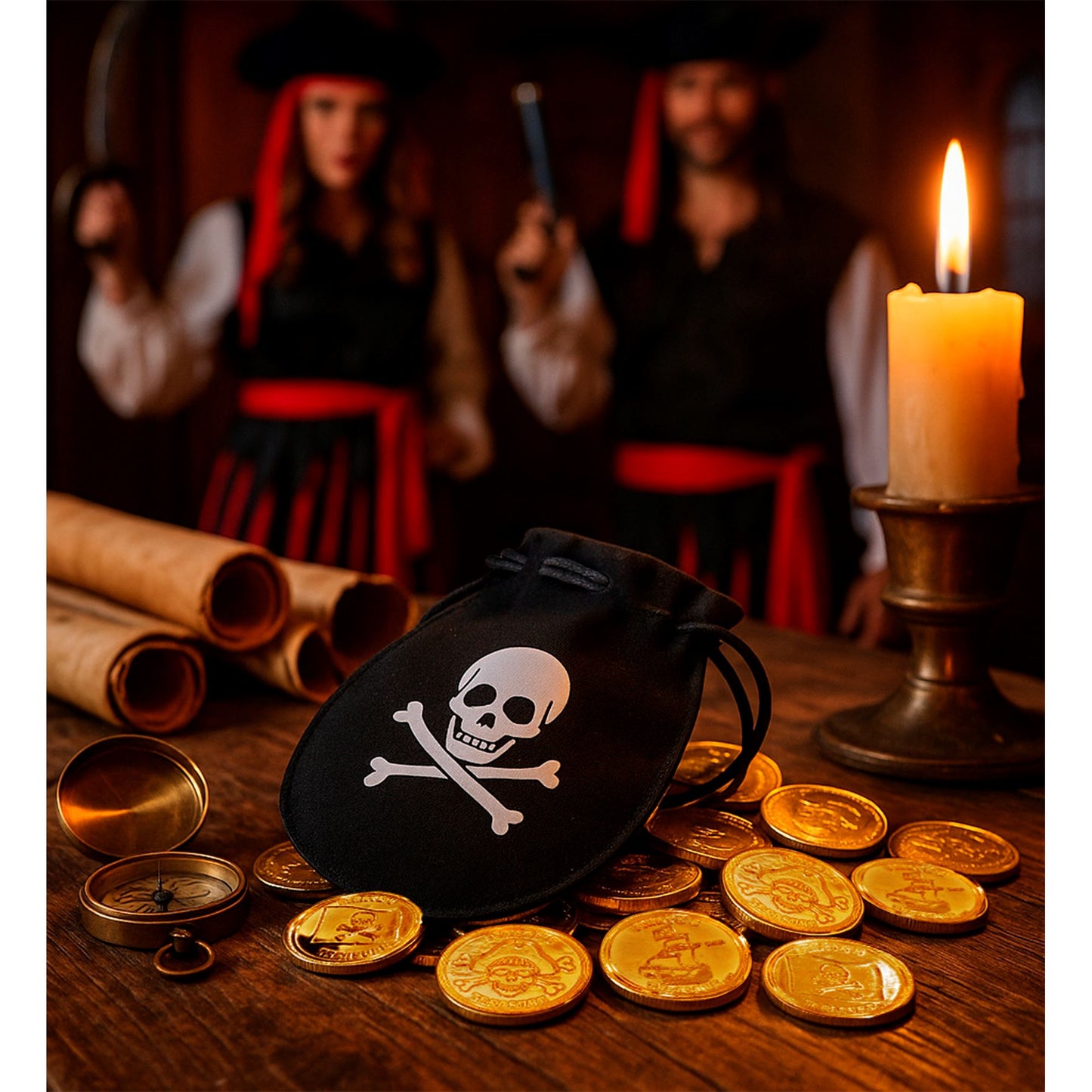 Piratenbeutel mit 12 Gold-Münzen