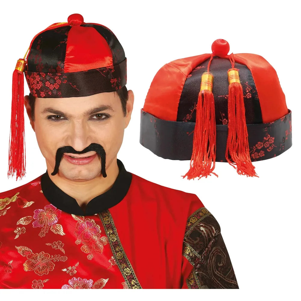 Chinesen Hut Mandarin mit Zottel | rot/schwarz-Guirca-Deinparadies.ch