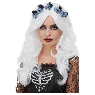 Day of the Dead Wig with Flowers | white