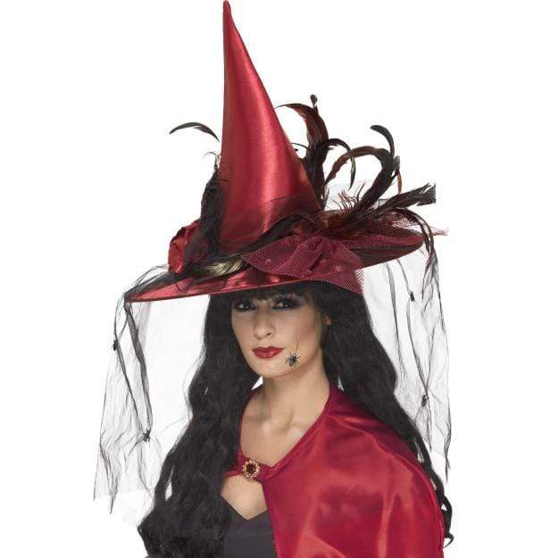 Witch hat with feathers red Smiffys case Deinparadies.ch