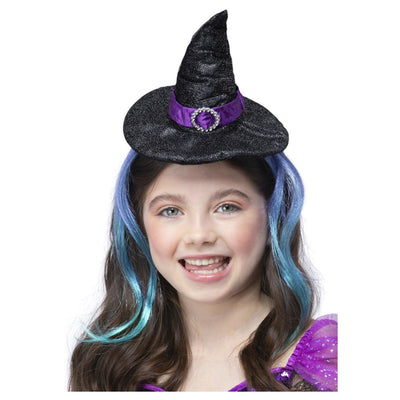 Gorro de bruja pequeño con purpurina y diadema.