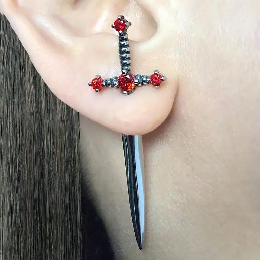 Sword through ear with red stones | 2 Stud Earrings Party Owl Supplies Deinparadies.ch