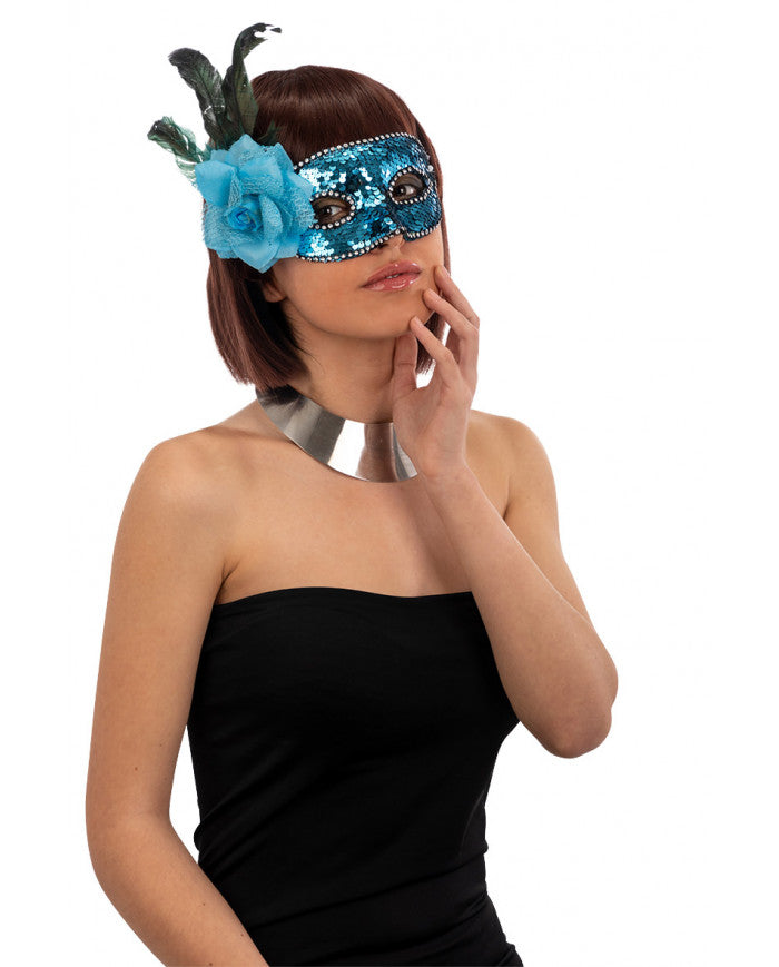 Venezianische Halbmaske mit blauen Pailletten