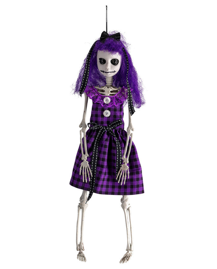 Hängende Horrorpuppe mit violettem Kleid